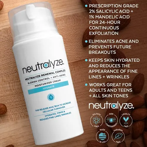 Neutralyze Renewal Complex Moisturizer for Acne Prone Skin - Time Released, Medical Grade 2% Mandelic Acid & Salicylic Acid Moisturizer Cream - Acne Moisturizer Cream for Face & Acne Lotion (90  Day)